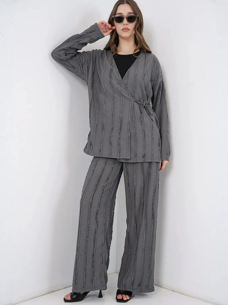 BIG DART BDART Textured V-Neck Tie Detail Kimono & Wide Leg Pants Set